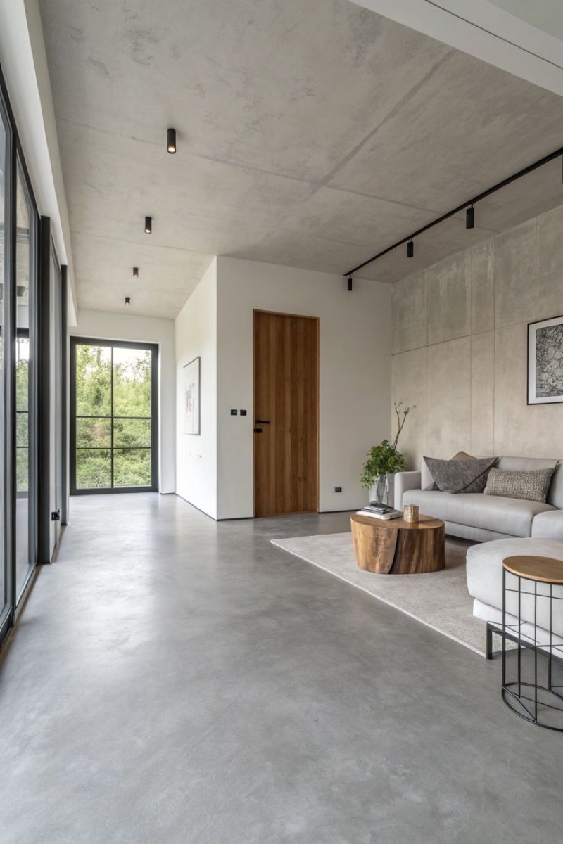 Séjour contemporain avec sol et plafond en béton minéral