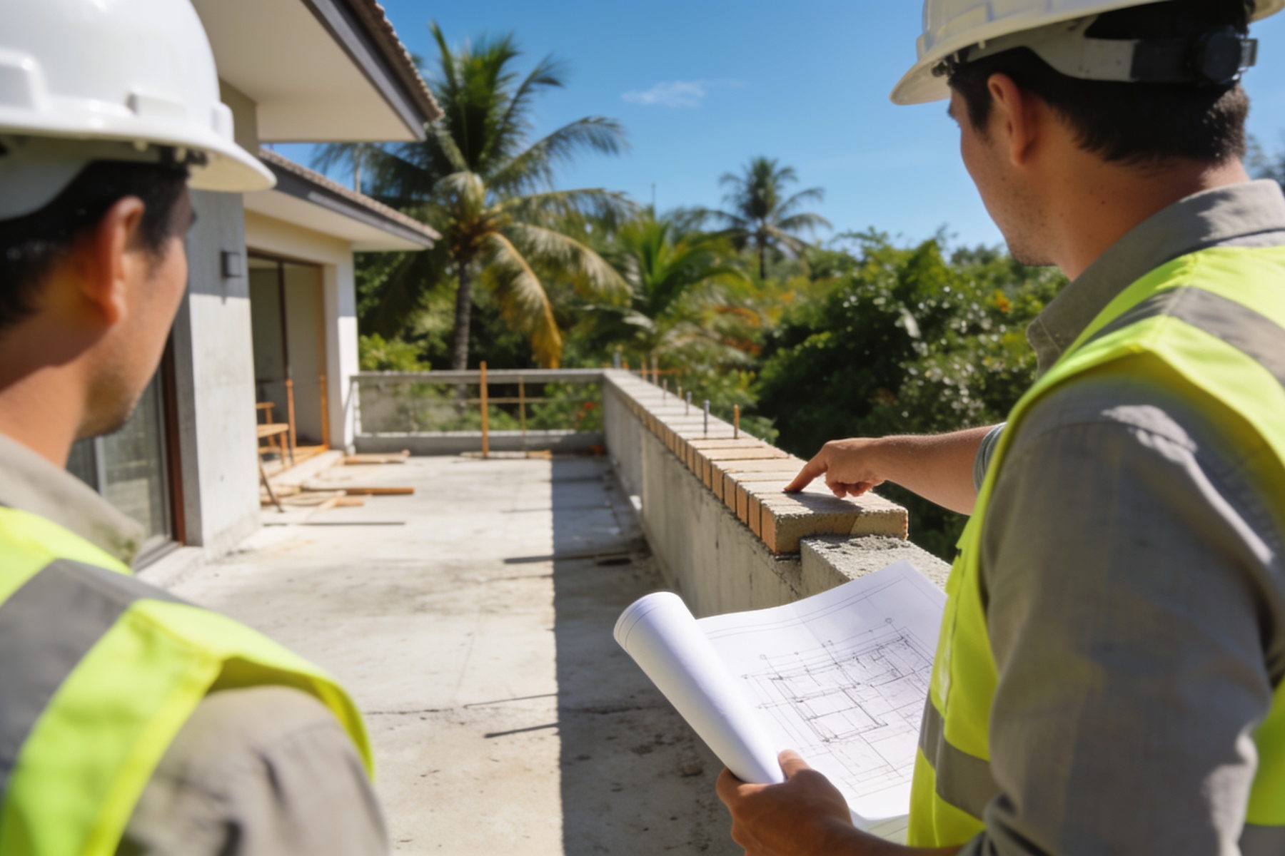 Deux membres de l'équipe en visite de chantier, plan à la main, photographie à remplacer par un portrait du fondateur