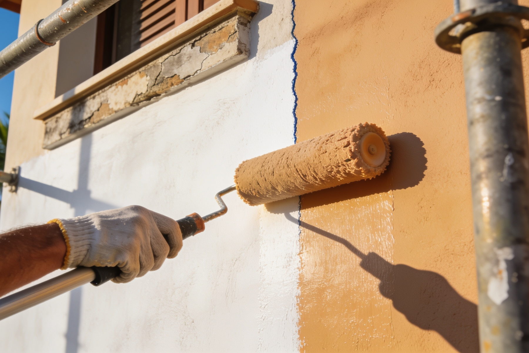 Rouleau guidé à la main sur la façade enduite d'une villa, ligne de reprise nette entre l'enduit repeint et l'existant
