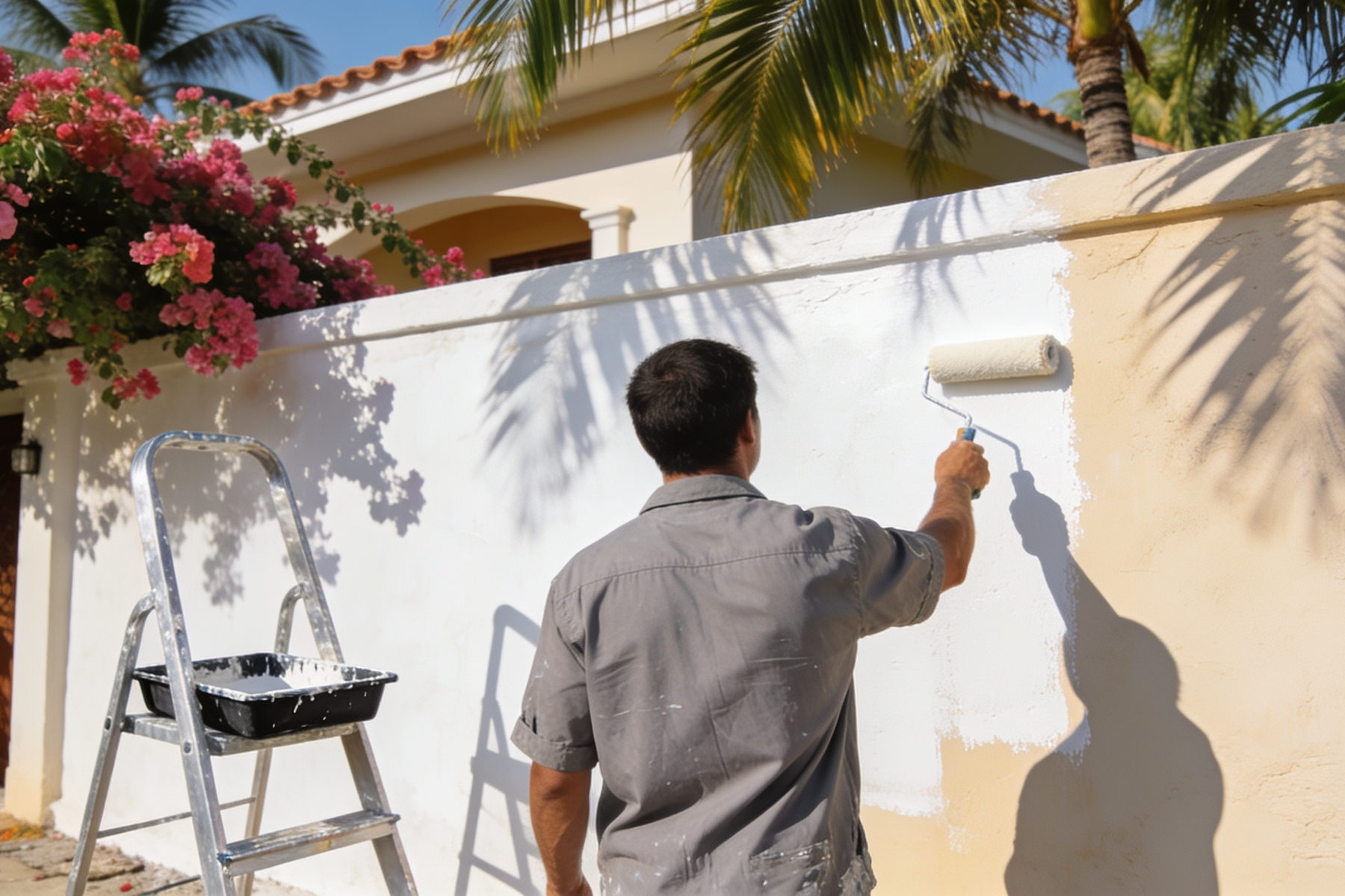 Applicateur repeignant au rouleau le mur enduit d'une villa tropicale, échelle et bac à peinture au sol