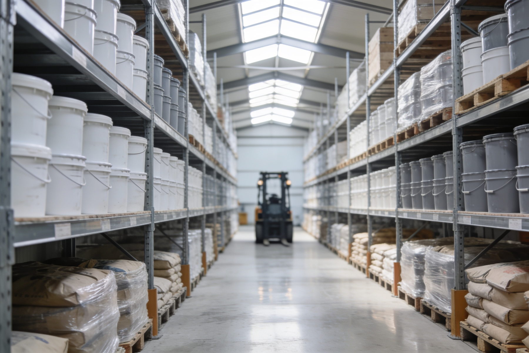 Dépôt de produits techniques du bâtiment, seaux et palettes stockés en rayonnage