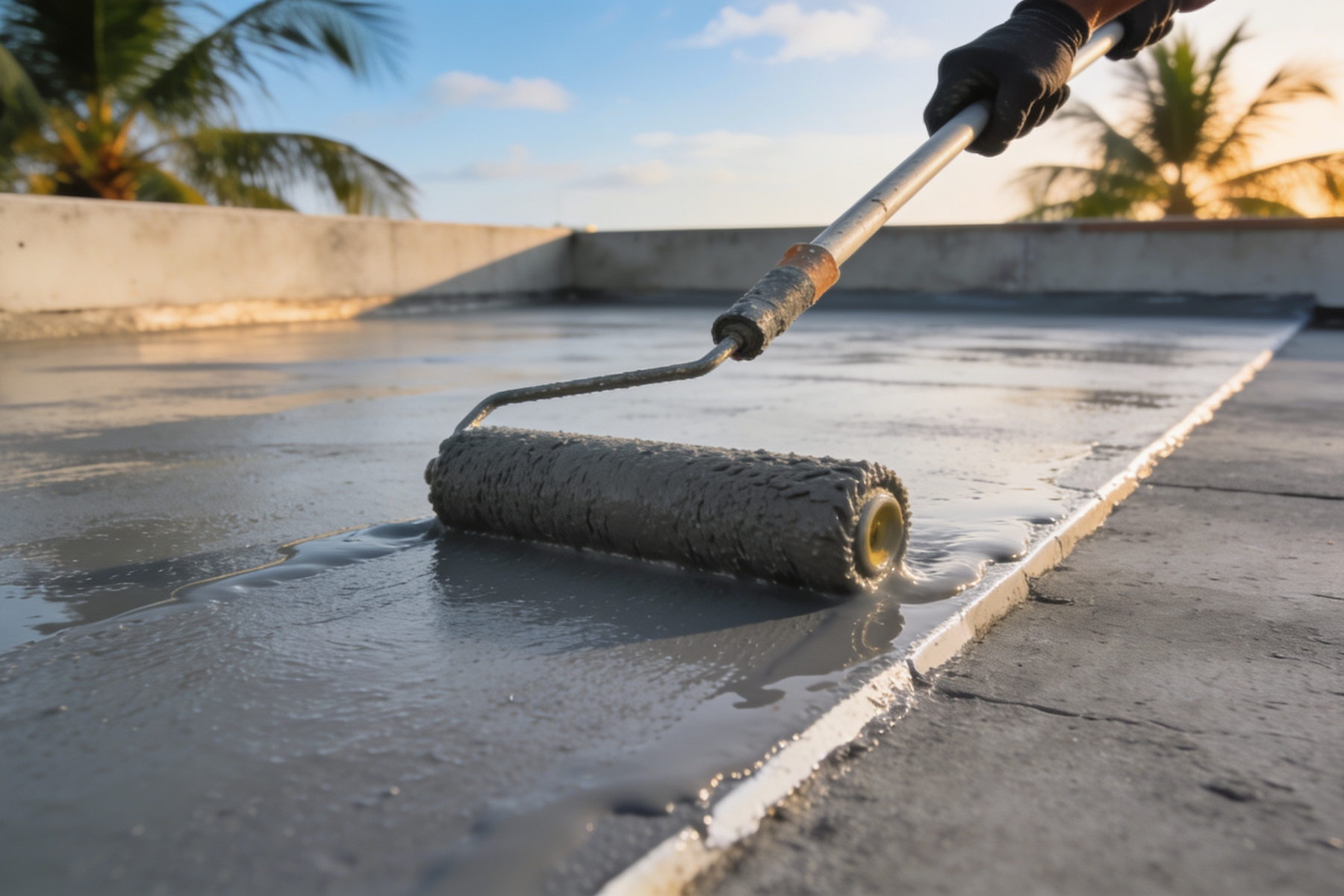 Application au rouleau d'une résine d'étanchéité polyuréthane sur une toiture-terrasse