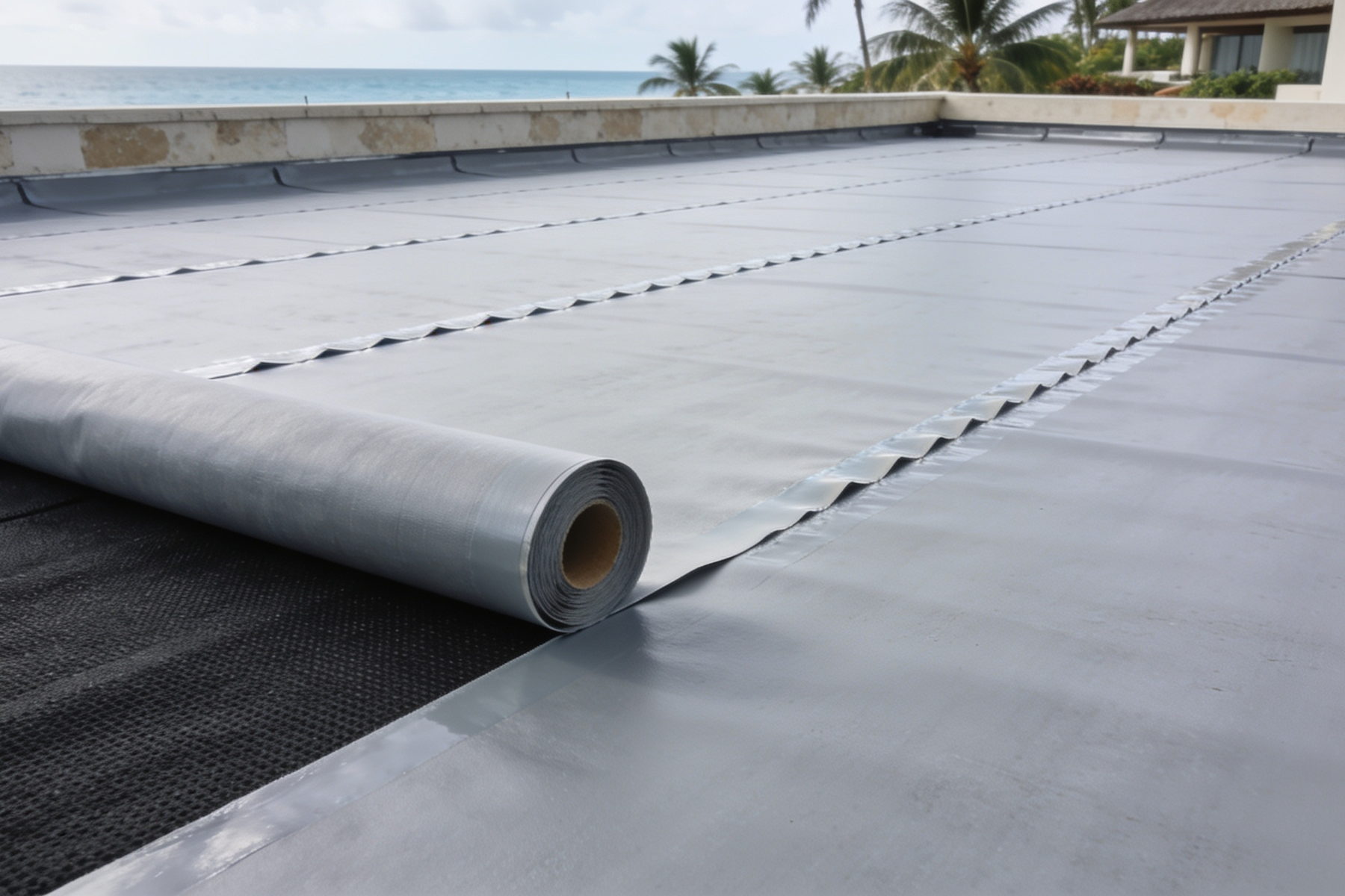 Membrane synthétique posée sur un géotextile de toiture-terrasse